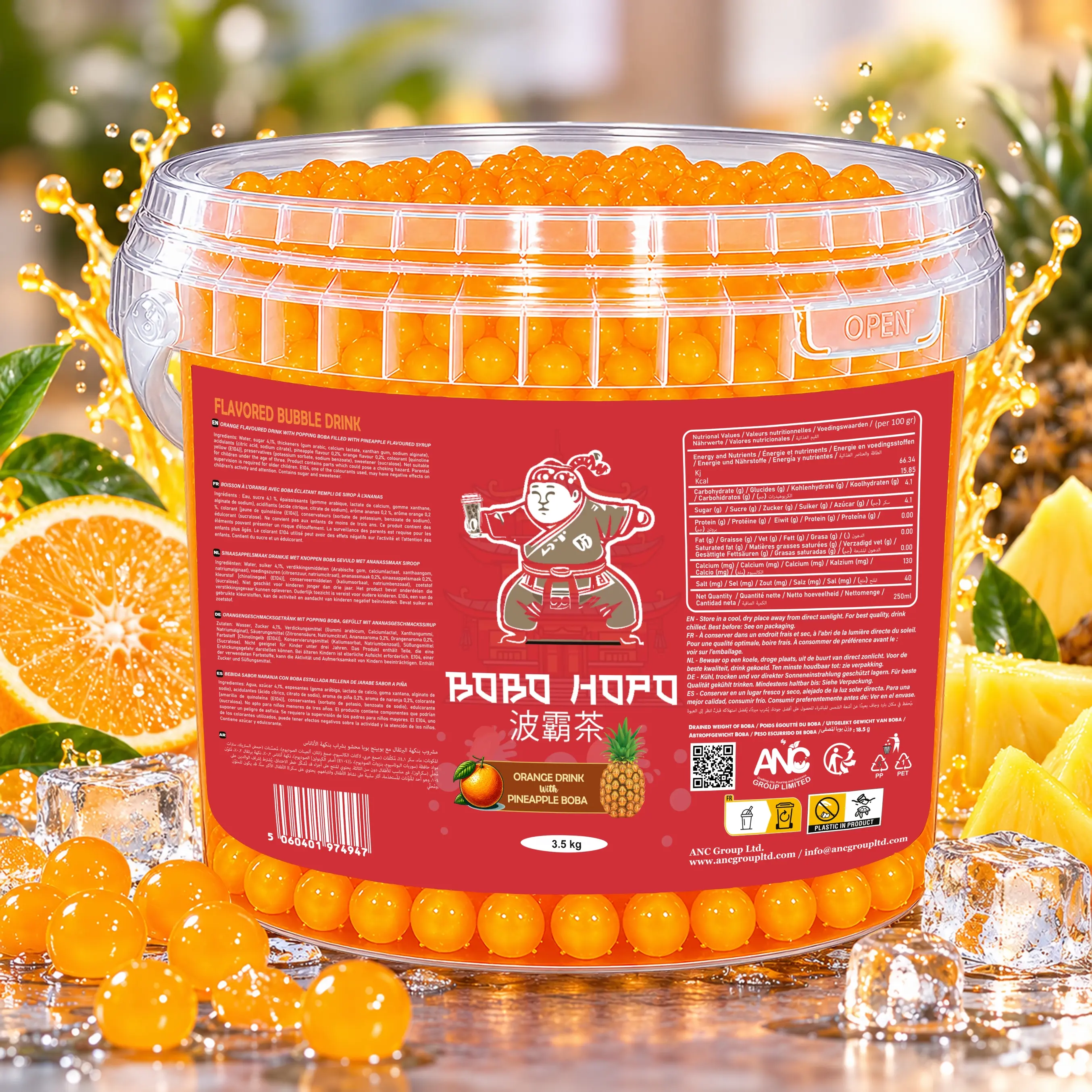 Bobo Hopo 3.5 kg orange drink flavoured bubbles with pineapple boba, surrounded by orange, pineapple and ice cubes.